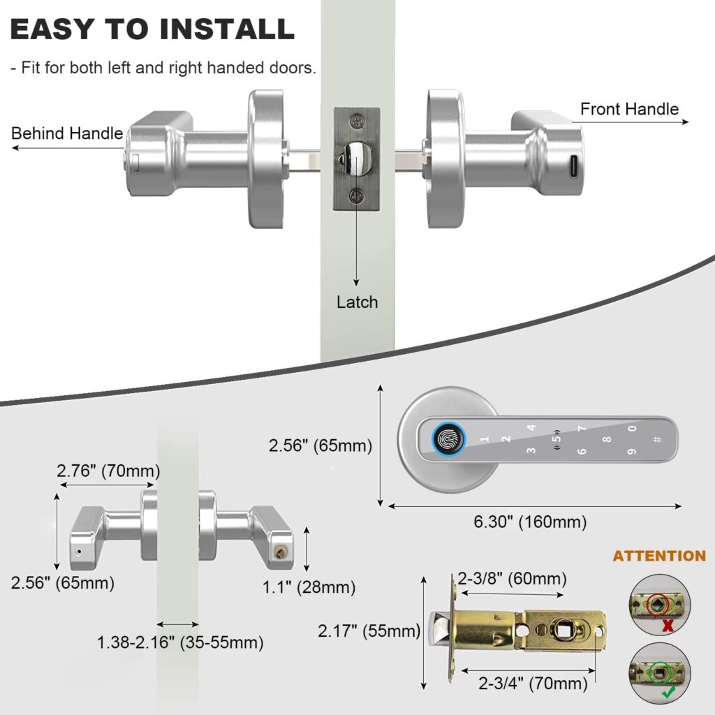 Fingerprint Door Lock Biometric Handle Lock, Smart Door Lock with Handle Keypad Passcode Lock, Digital Electronic Lock for Front Door Bedroom Apartment Home Office