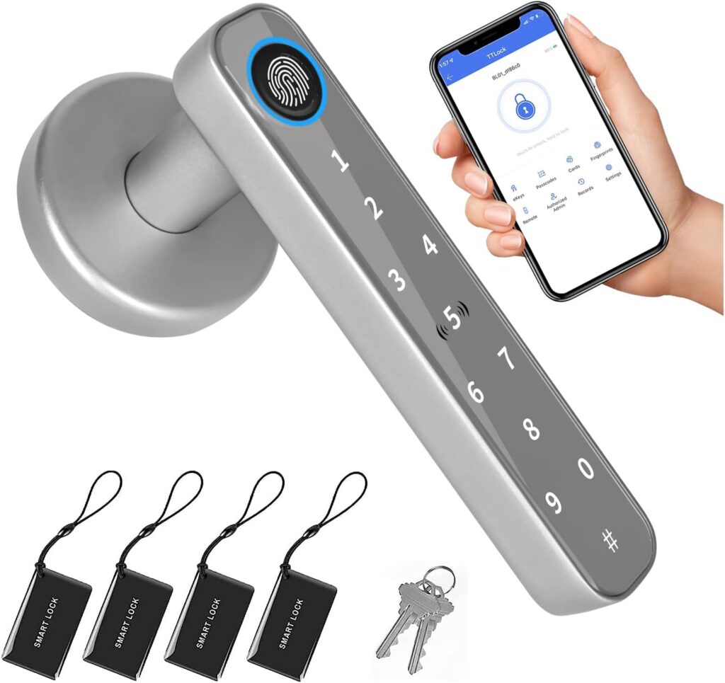 Fingerprint Door Lock Biometric Handle Lock, Smart Door Lock with Handle Keypad Passcode Lock, Digital Electronic Lock for Front Door Bedroom Apartment Home Office