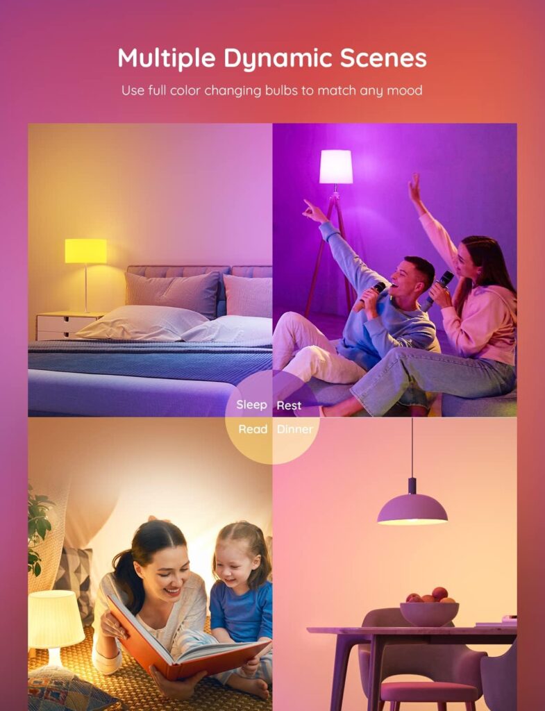 Govee Smart Light Bulbs, WiFi Bluetooth Color Changing Light Bulbs, Music Sync, 54 Dynamic Scenes, 16 Million DIY Color RGB Light Bulbs, Work with Alexa, Google Assistant  Govee Home App, 4 Pack